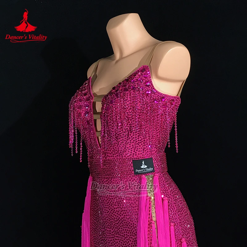 Adult Blackpool Dance Festival Latin Dance Sexy High Split Tassels Dress Child Deep-V Jive Dancing Wear Custom Dancer's Vitality