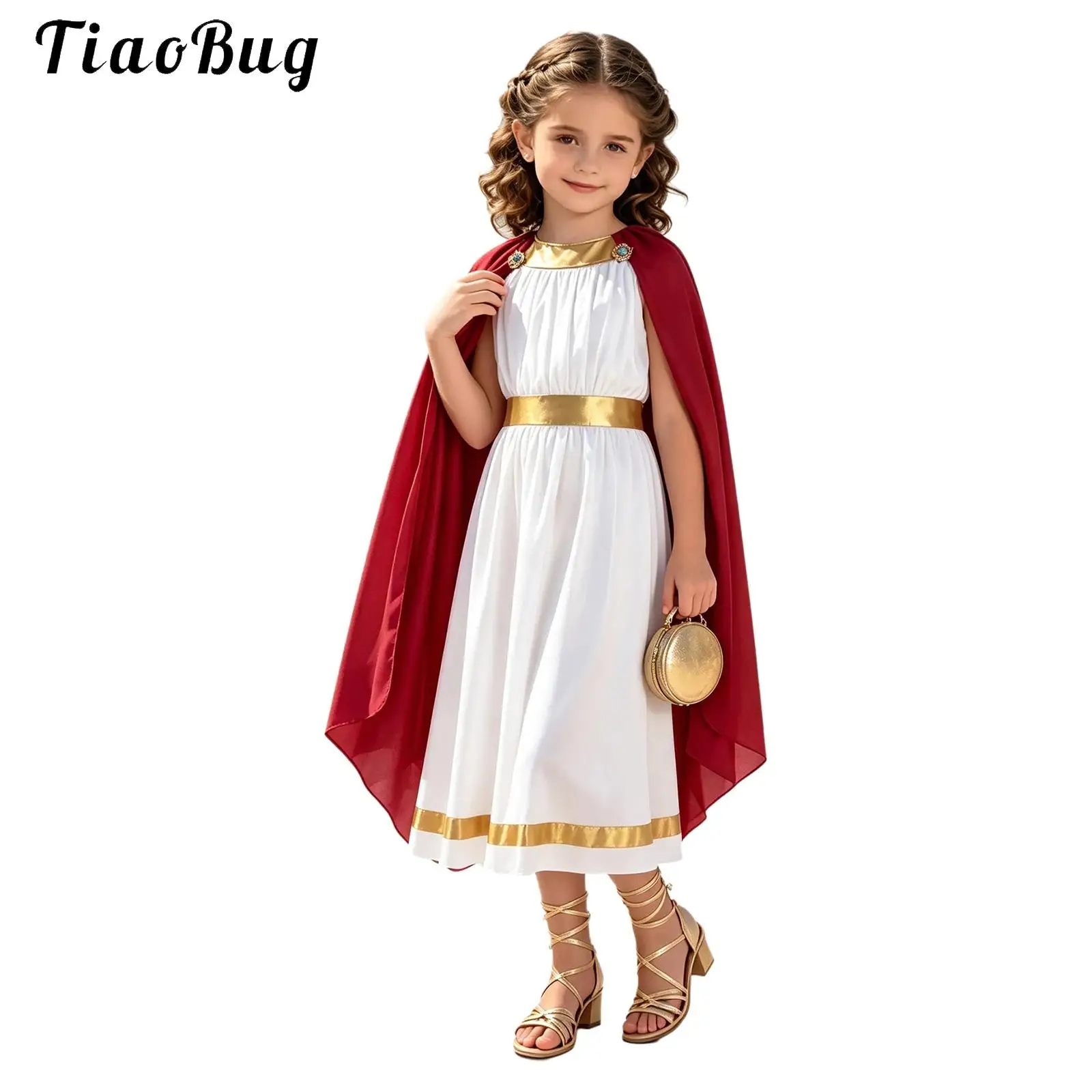 Kids Girls Ancient Greek Princess Toga Costume Side Shawl Roman Robe Sleeveless Metallic Trim Dress for Halloween Theme Party