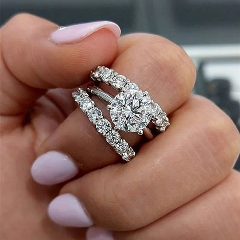 Double Layered Bridal Ring Set Round Engagement Ring Matching Eternal Ring Stackable Women Wedding Ring Commitment Party Jewelry