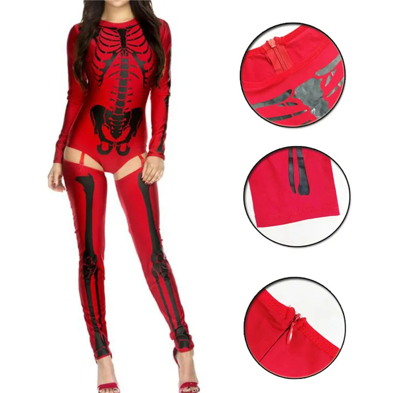 Halloween Women Long Sleeve Jumpsuit Set Skeleton Printing Round Collar Slim Bodysuit Costume Props for Cosplay Show Party