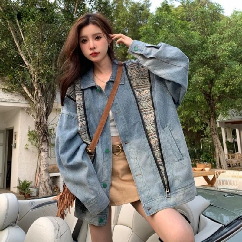 Spring and Autumn Minority Lapel Loose Coat Denim Jacket Women Vintage American Style High Street Lovers KoreanVersion Stitching