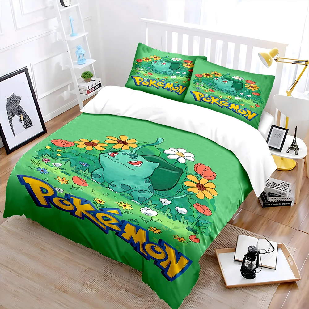 Pokemon Bulbasaur Printed Bedding Set 3 Pieces Duvet Cover Anime pillowcase Adult Kids Birthday Gift Full Size Bedding Set