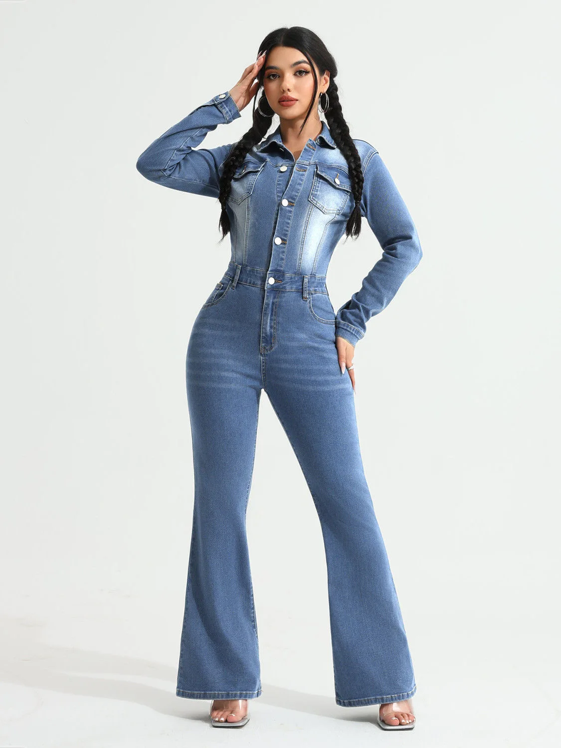 Women's Denim Jumpsuit 2025 - High Waisted Slim Fit Flared Romper, Stretchy Bohemian Chic One Piece Jeans for Ladies
