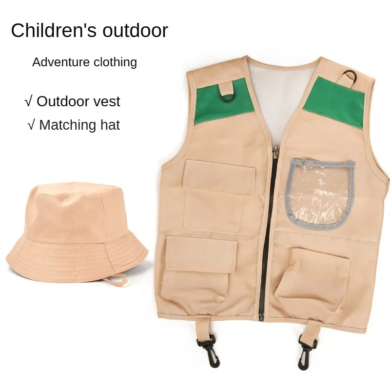 Children Outdoor Adventure Clothes Utility Vest Fisherman Hat Set Stage Costumes Stylish Summer Camping Hiking Outfits for Boys