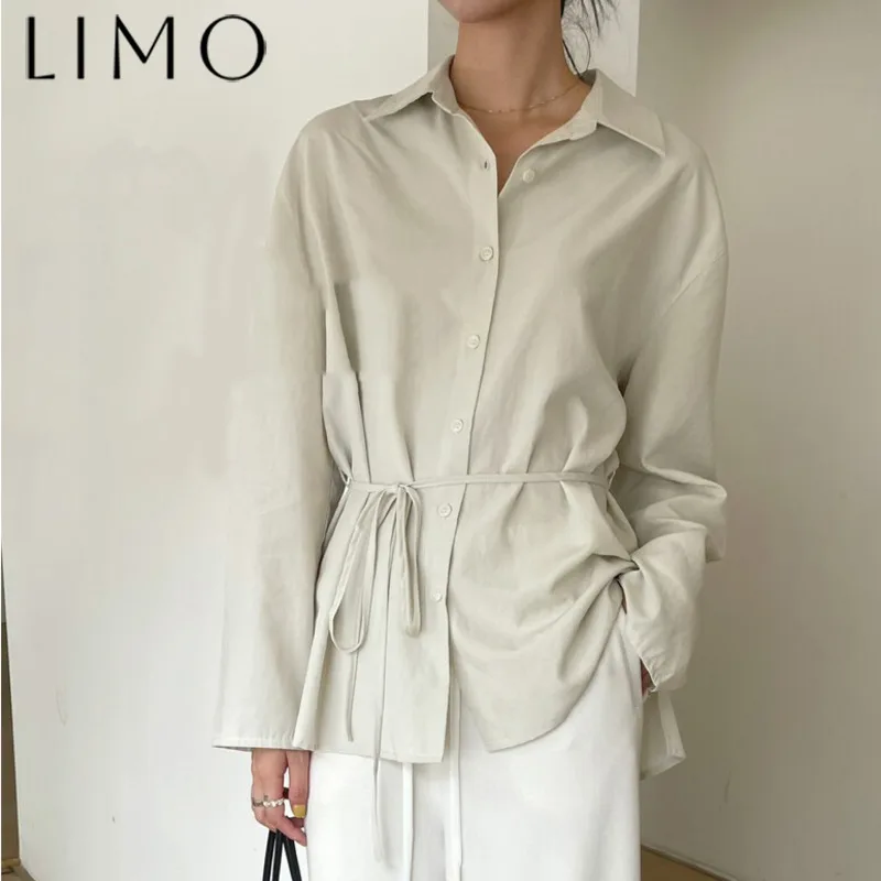 

LIMO Women's Belted Shirt Business Casual Blouse Eco-Friendly Cotton Adjustable Waist Tie Office Work Shirt Long Sleeve Tops