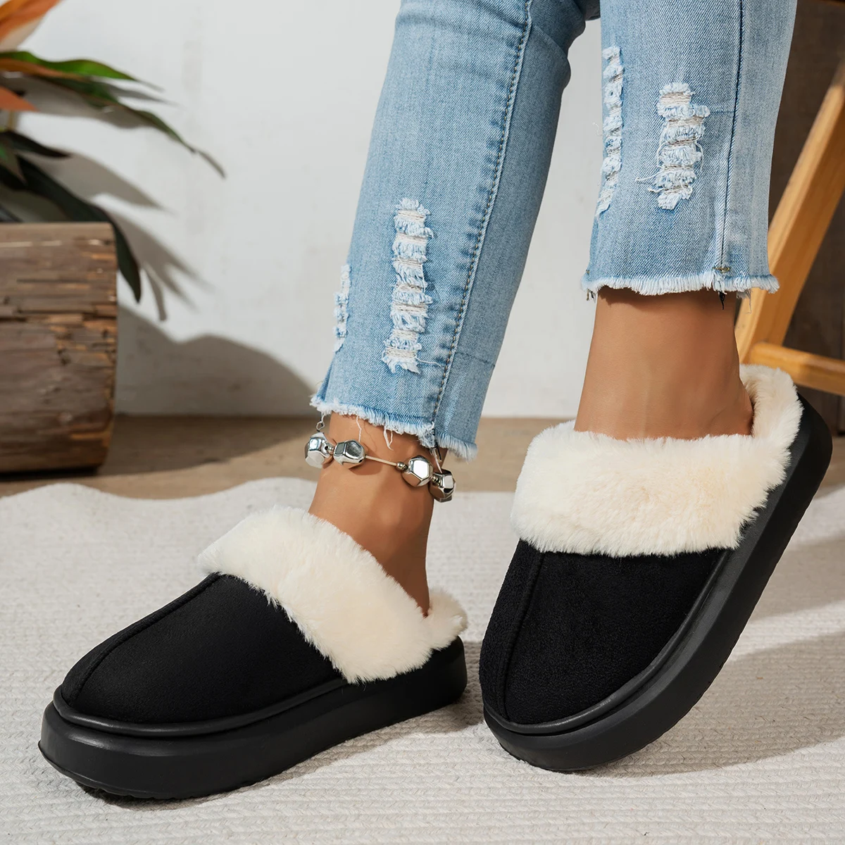 Women Home Slippers Contrasting Color Trendy Half-pack Slippers Suitable For Spring Autumn Winter Women Non-slip Cotton