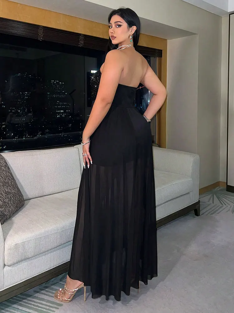 فستان جديد أنيق بدون حمالات مزين بالترتر بدون حمالات فساتين ماكسي للحفلات المسائية باللون الأسود فستان صيفي طويل لقضاء العطلات والزفاف #2
