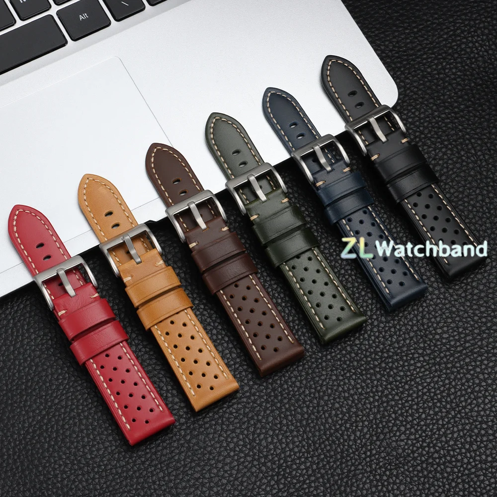 Vintage Handmade Watchband 18mm 20mm 22mm 24mm Racing Cowhide Strap for Men Gray Black Brown Blue Breathable Porous Watchbands