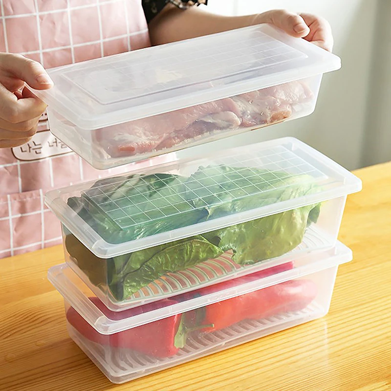 Food Fresh Storage Box Containers Kitchen Fridge Organizer Case Removable Drain Plate Tray For Keep Fruits Vegetables Meat Fish