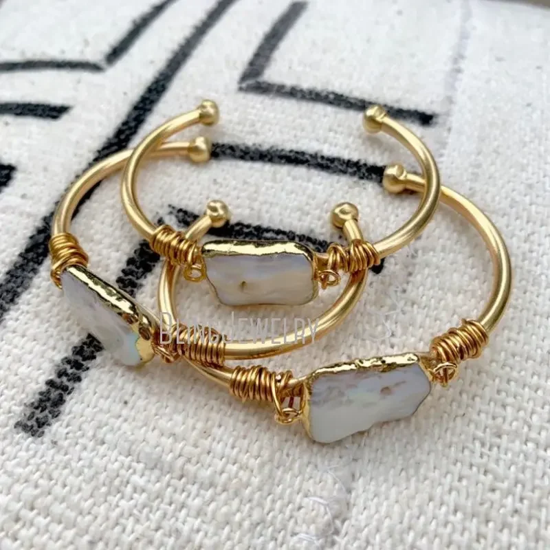 10pcs Women Cuff Bracelet Square K Gold Color White Freshwater Baroque Pearl Bangle Boho Bridesmaid Gift Wedding Jewelry