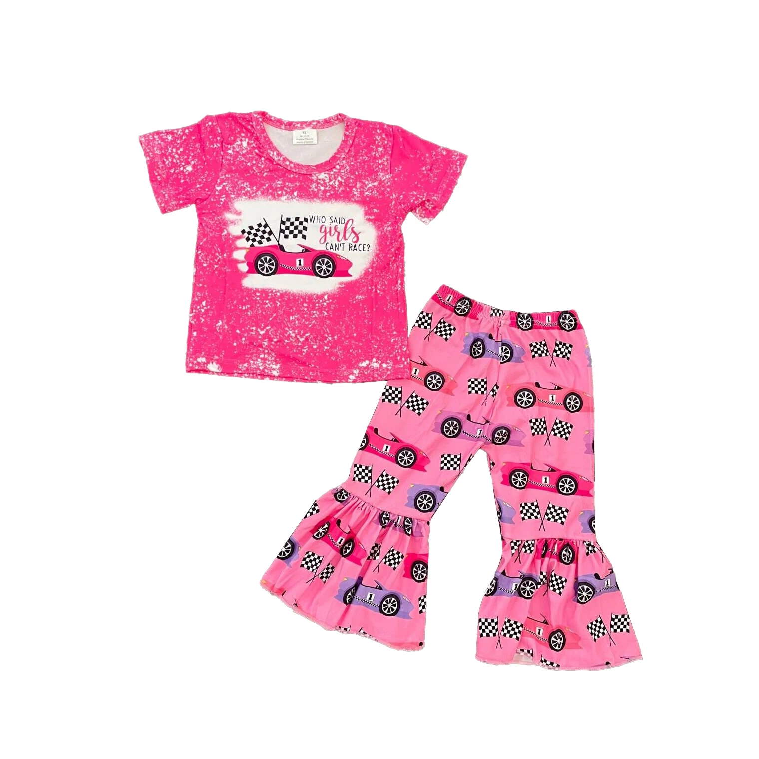 

Wholesale Kids Clothing Bleach Pink Car Girl Cute Short Sleeve Bell Bottoms Sets