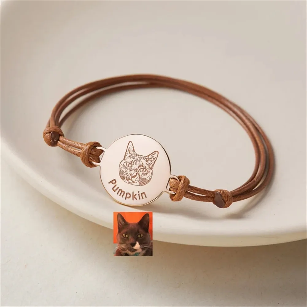 Pulseras ajustables de cuero con imagen de perro y gato, pulsera colgante redonda personalizada, regalo conmemorativo perdido para amantes de las