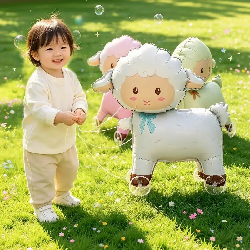 [L] Cartoon Sheep Stand Walking Balloon With Wheel Lamb Foil Balloons For Kids Birthday Party Decor