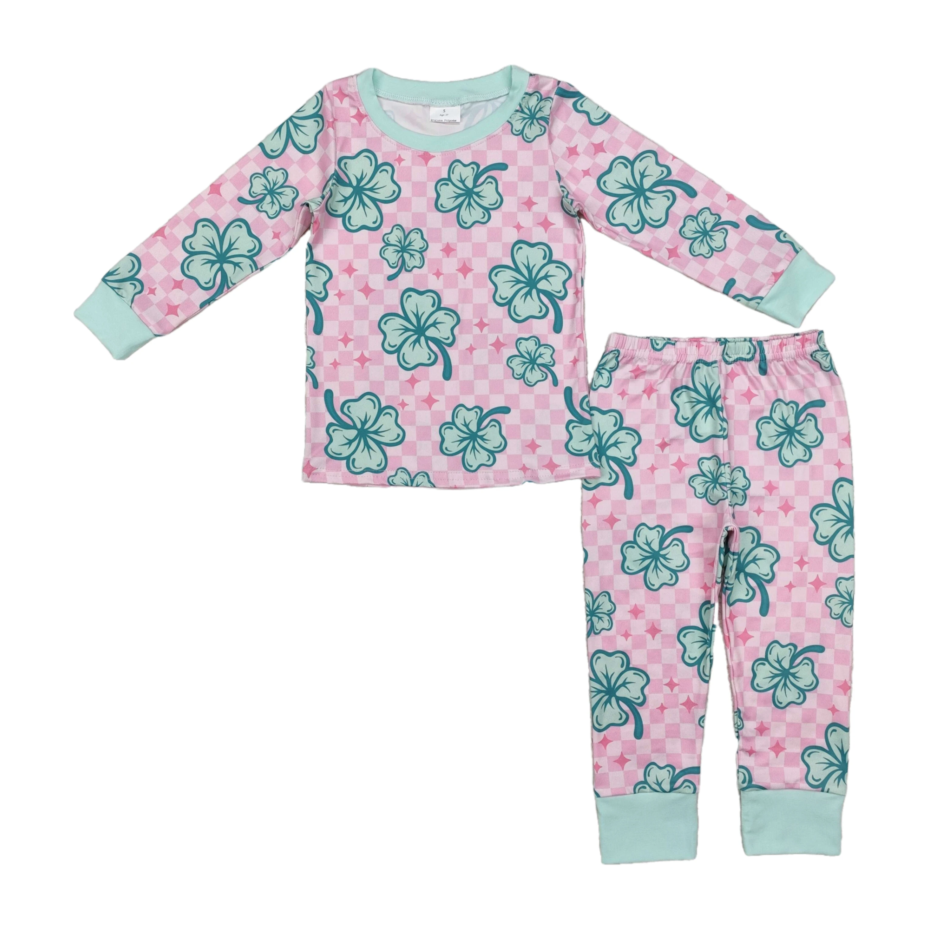 

Baby Girl Pajamas Set Sleepwear Long Sleeves Pink Checked Shirt Toddler Kids St. Patrick's Day Pants Children Outfit Wholesale