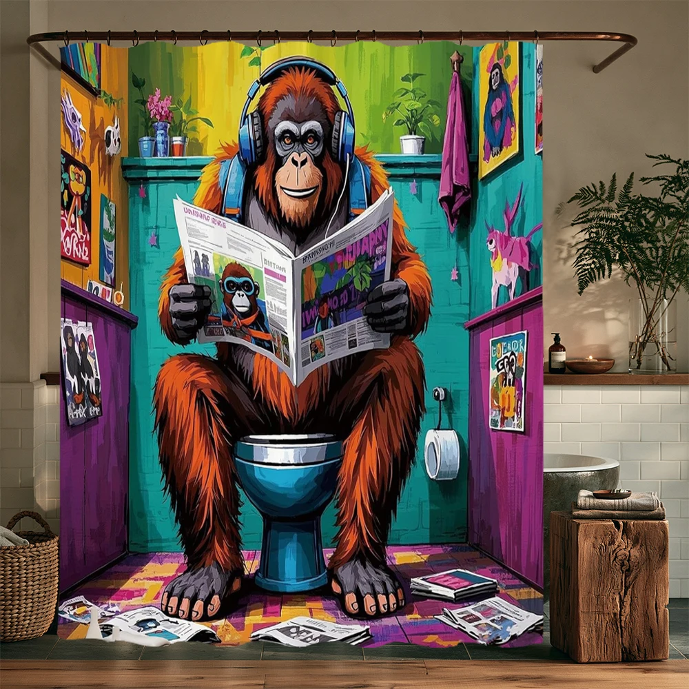 Funny Dog Monkey Bath Shower Curtain,Cute Monkey Reading Newspaper on Toliet Bathroom Curtain Washable Cloth Kids Shower Curtain