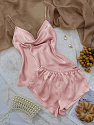 Solid Satin Pajama Set  V Neck Cami Top   Elastic Waistband Shorts Women's Sleepwear  Loungewear