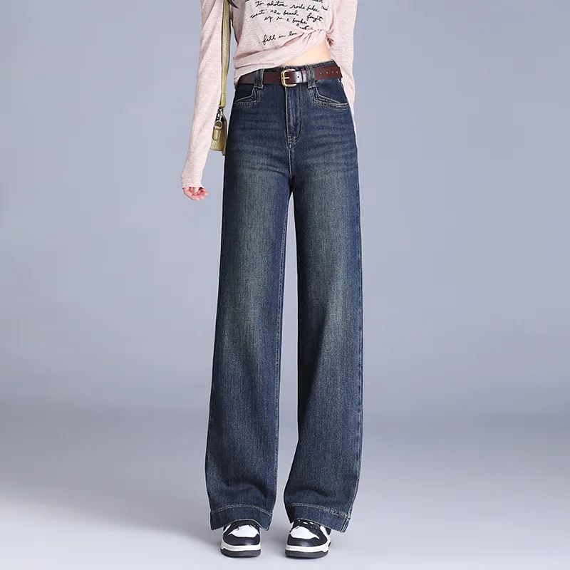 

Cement gray wide leg jeans women spring and autumn high waist slim loose retro narrow straight leg pants