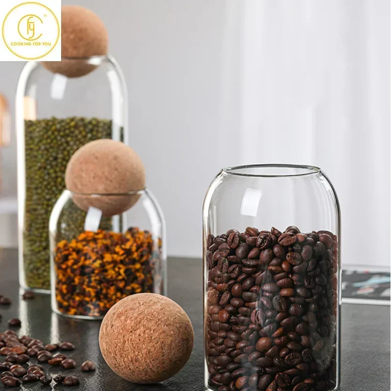 500/800/1200/1600ml Glass Food Storage Jar with Globular Cork Stopper Coffee Beans Tea Grains Canister Home Kitchen Storage Tank