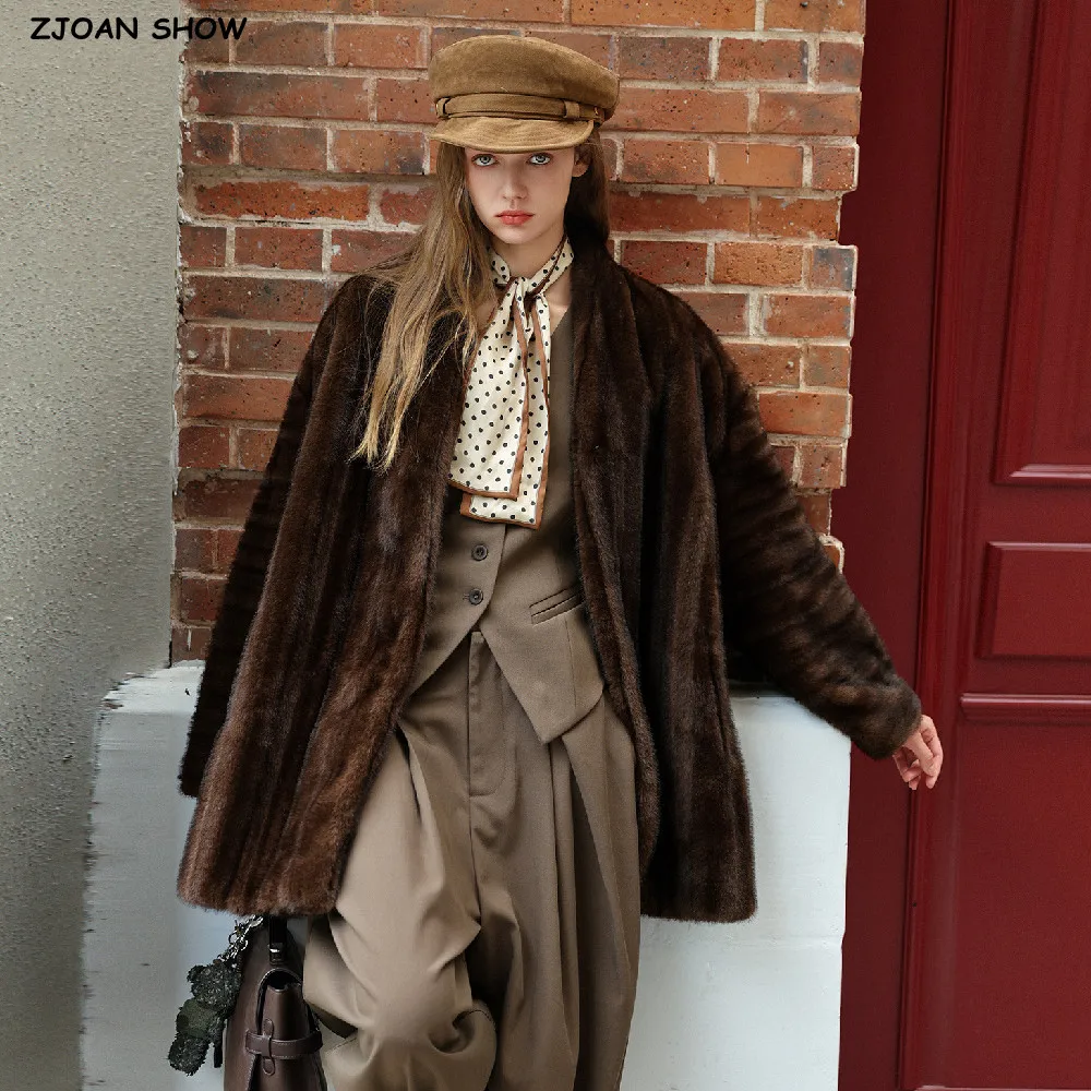 Winter Gradient Stripes Faux Mink Fur Coat CHIC Women V neck Full Sleeve Loose Midi Long Oversized Outerwear Brown Coffee