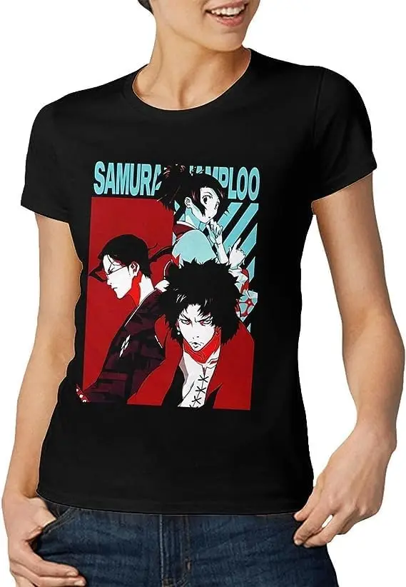 Samurai Anime Champloo Shirt Women's Fashion Short Sleeve Cotton T Shirts Quick Dry Pattern Custom Tee Tops Black