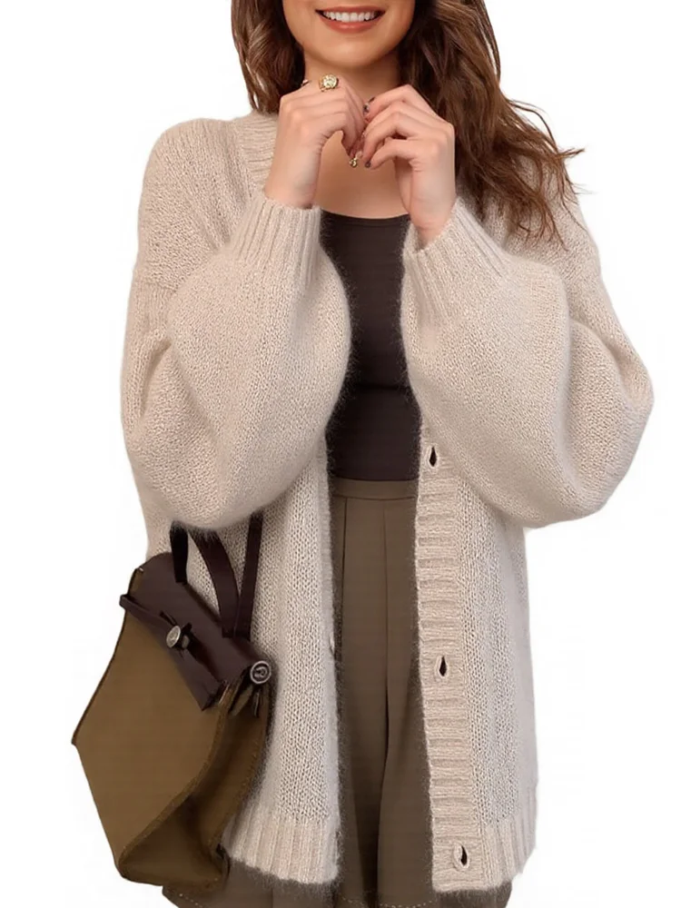 

New Fashion Puff Sleeve Button Knitted Cardigan Women's Weaters Autumn Winter Long Sleeve Casual Loose Women Sweater Coat