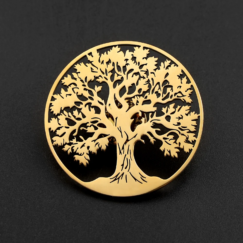 Tree of Life Brooch Gold Color Hollow Round Life Tree Stainless Steel Brooch Plant Pin Fashion Wedding Jewelry Gift for Women