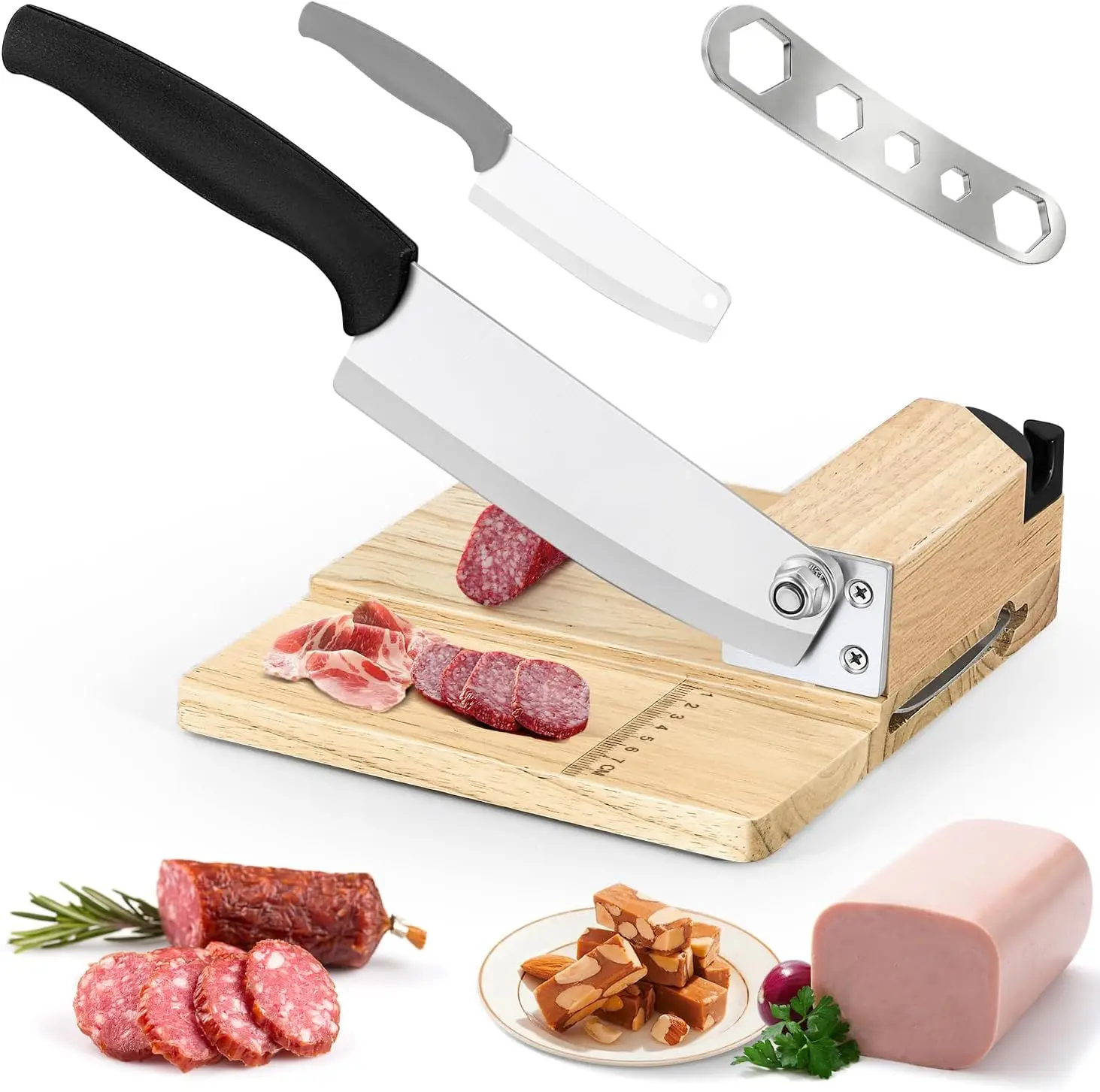 

Biltong Slicer with Built-in Knife Sharpener, Detachable Blade & Rubber Wood Base for Beef Jerky, Bacon, Fruits, Vegetables