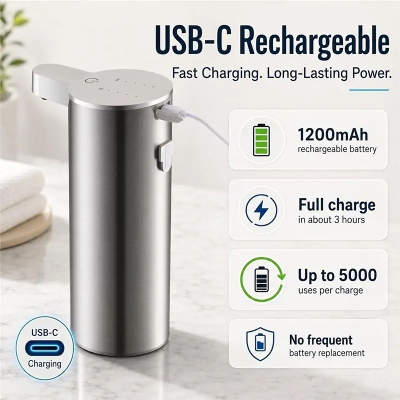 B17C Automatic Foaming Hand Soap Dispenser, 350 ML Rechargeable Stainless Steel Touchless Soap Dispenser,4 Foam Level Settings