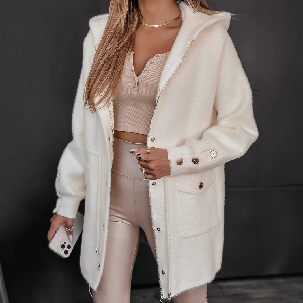 

2026 Independent Station Amazon Foreign Trade Urban Fashion Drawstring Belt Metal Buckle Zipper Hooded Woolen Coat