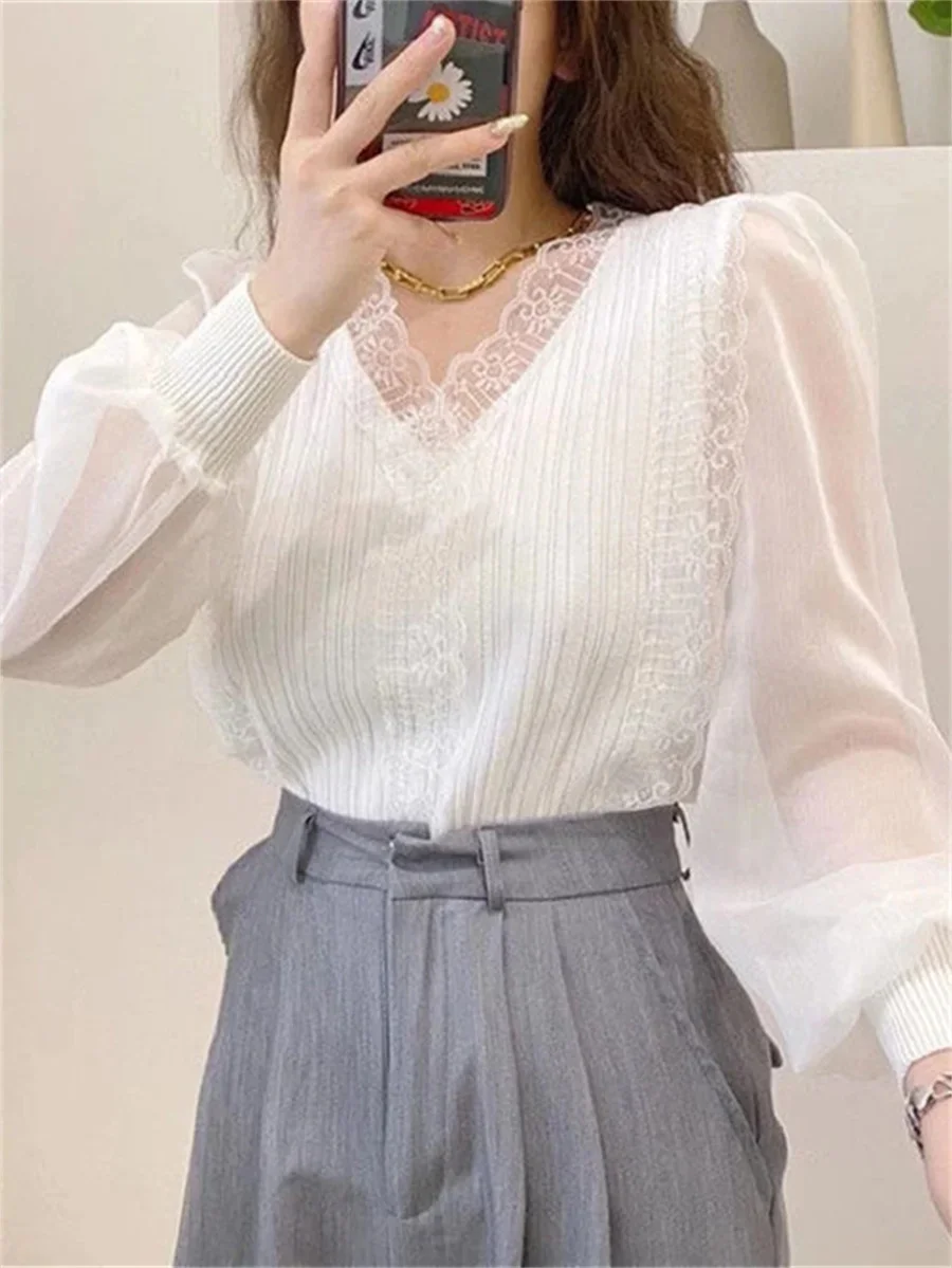 Women Spring Autumn Style Blouses Tops Lady Casual Long Sleeve V-Neck Lace Blusas Tops