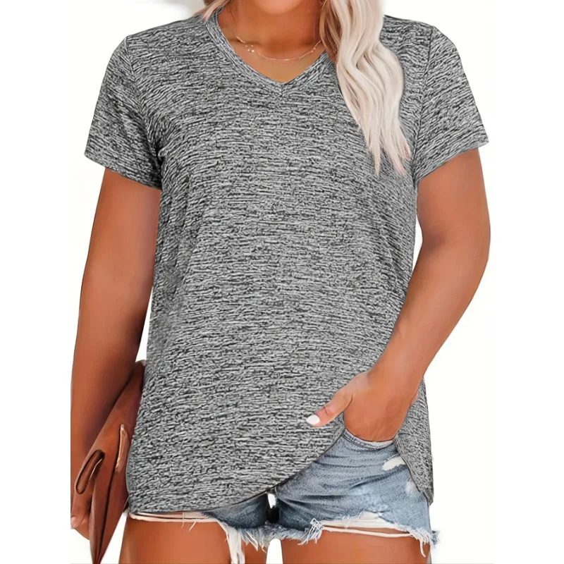 Plus Size Summer Women Quick Dry Solid Color T-Shirt Short Sleeves Running Fitness Sweat Shirt V-Neck Top Three-piece set