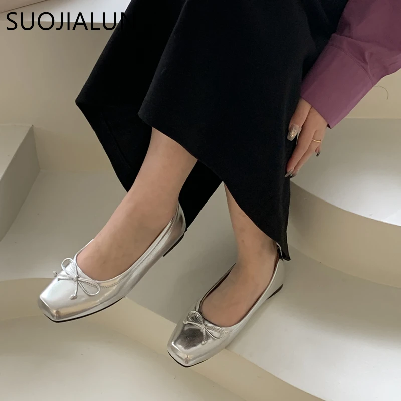 SUOJIALUN 2023 New Women Flat Shoes Fashion Square Toe Shallow Slip On Ladies Casual Ballet Shoes Soft Leather Outdoor Loafers S