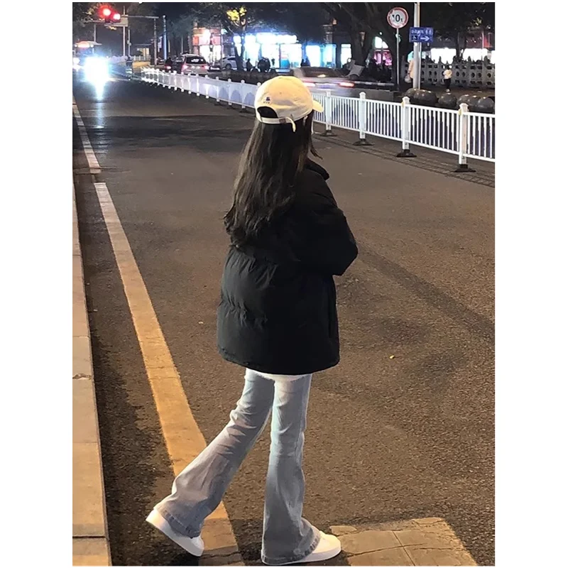 Grey Down Jacket Women Coat Black Hooded Fashion American Streetwear Y2K Style Duck Down Feather Female Winter Short Outwear