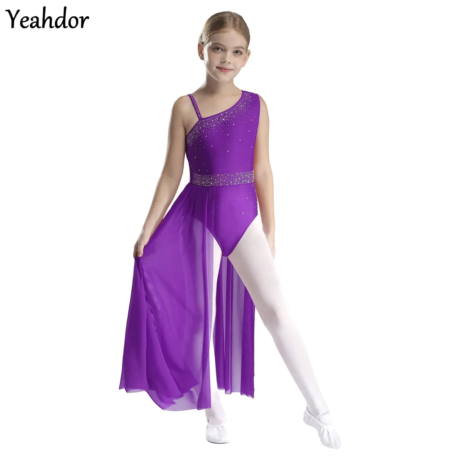 

Girls Ballet Lyrical Dance Dress One Shoulder Split Sheer Mesh Rhinestone Gymnastic Figure Skating Leotard Contemporary Costume