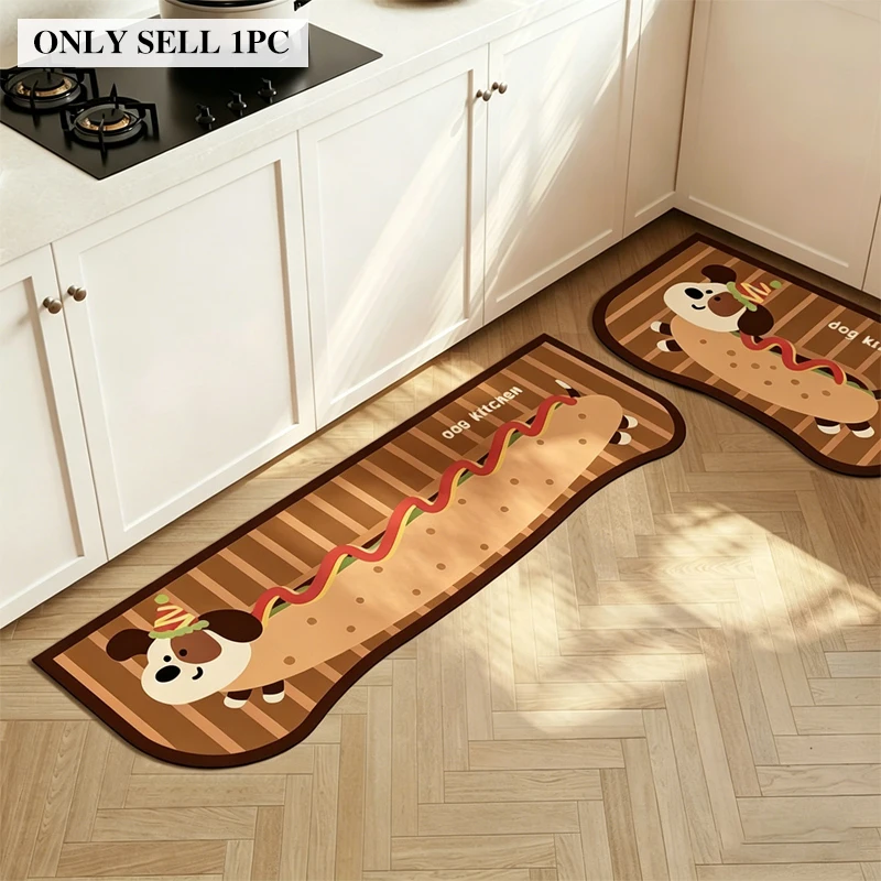 Kitchen Rug Waterproof PVC Leather Floor Mat Oil-proof Non-slip Long Foot Mats Yellow Dachshund Striped Carpet Home Decor Rugs