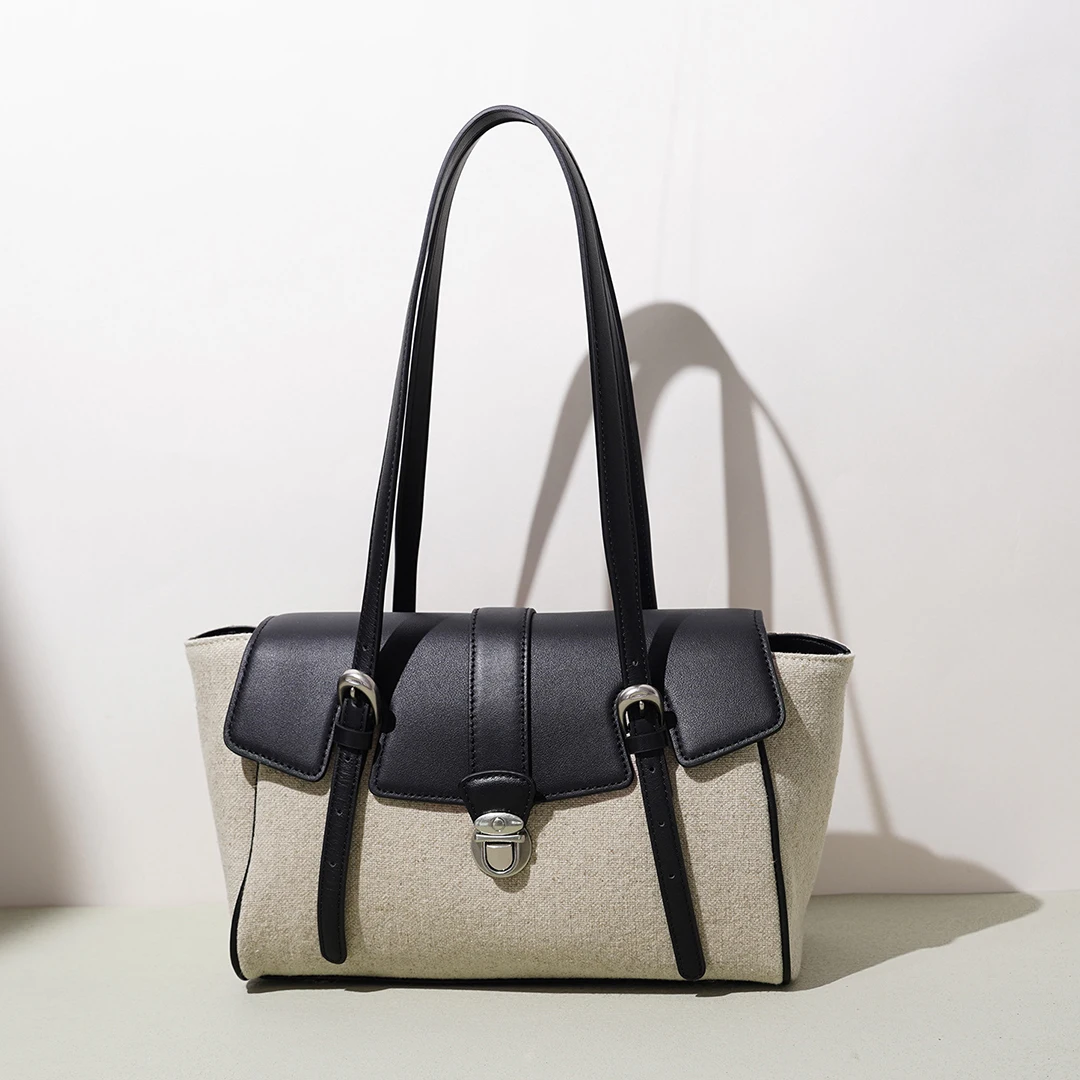 Mendy Canvas Spliced Leather Tote Double Buckle Flap Handbag Structured Trapezoid Shoulder Purse Japanese Korean Minimalist Inte