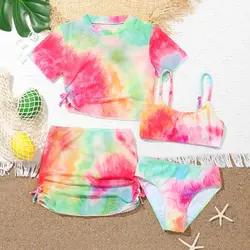 Girls 4 Pack Tie dye Print Short Sleeve Bikini with Skirt Drawstring Swimsuit 7-12 Years Children's Swimwear Kids Bathing Suit