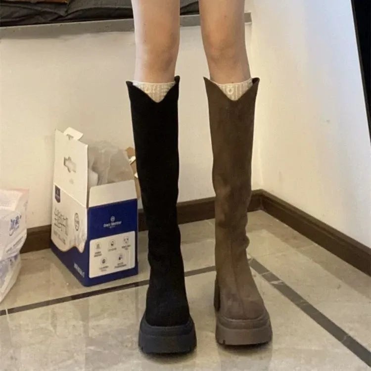 Brown Long Knight Boots Women's round Toe Thick Heel Velvet Surface V-Notch Knee-high Boots Slimming Effect Daily Wear Winter