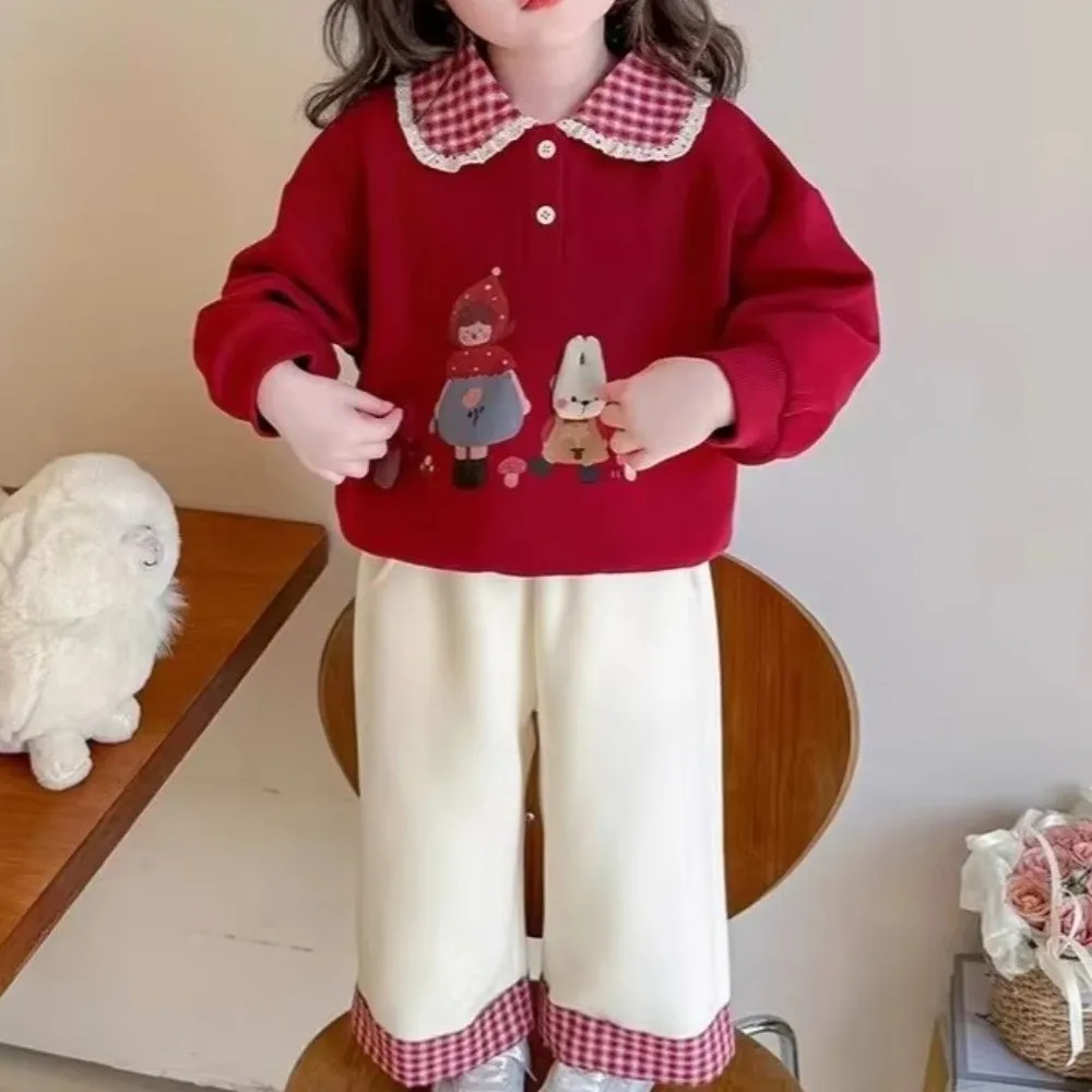 New 2PCS Girls Sweatshirt Suits Turn Down Collar Plaid Plaid Sweatshirt Outfits Straight Pant Loose Two-Piece Clothes Set Autumn