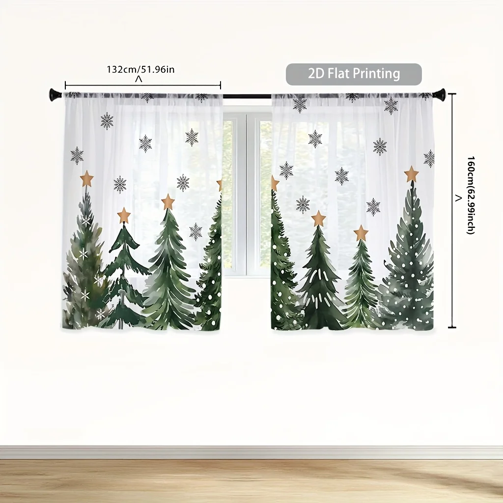 2PCS Christmas Winter Sheer Curtains, Green Tree Gold Star, Digital Print, Bedroom Living Room, Rod Pocket Polyester, Home Decor