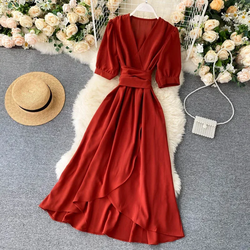 Women\'s Dress Spring New Temperament V-neck Solid Color Bubble Short-sleeved Irregular Ruffle Edge Lacing Dress Leisure Vestidos