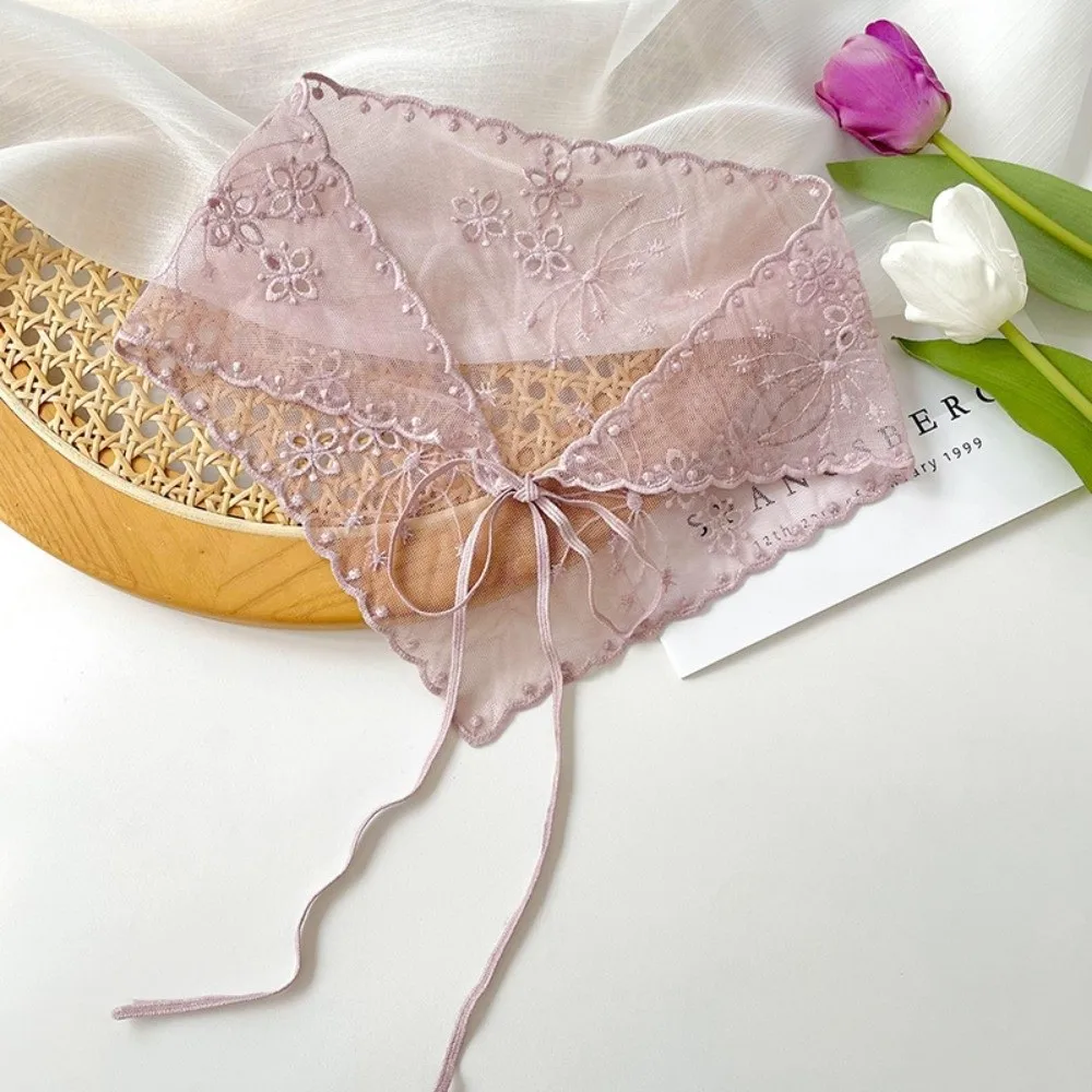 Casual Vintage Lace Flower Hair Scarf Cute Thin White Bandanas for Women Bohemian Chic Style Sweet Headscarf Pastoral Style