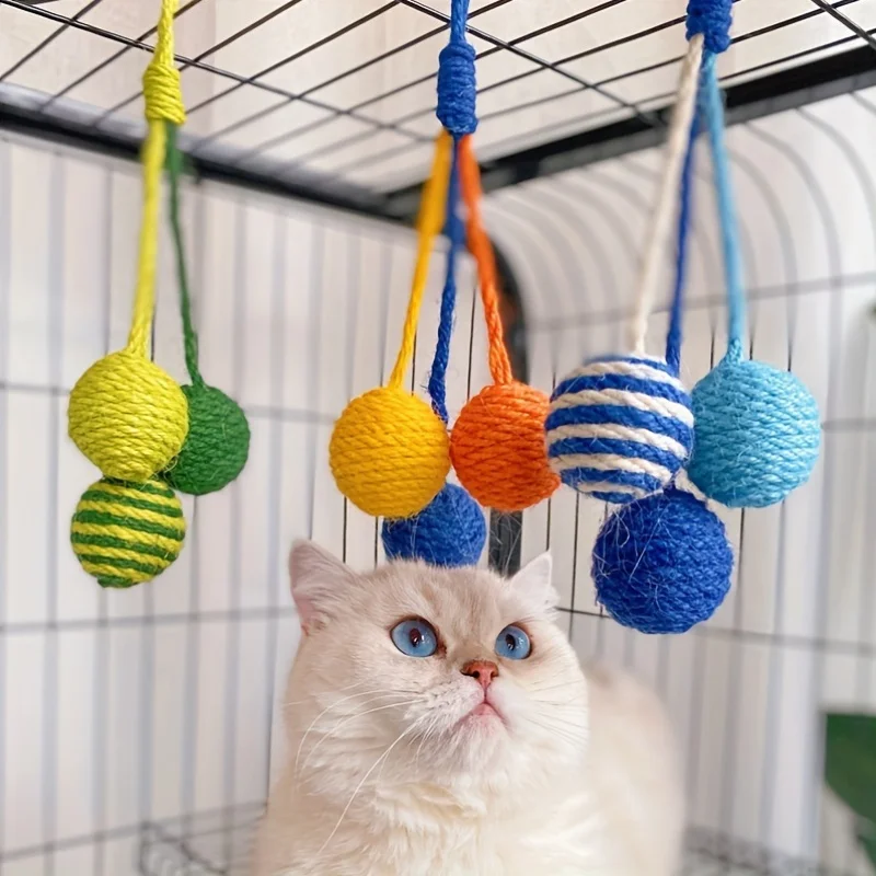 1Pc Random Color Cat Toy, Sisal Ball & Rope Design, Hanging Sound Making Cat Plaything, Battery-Free for Dental Care