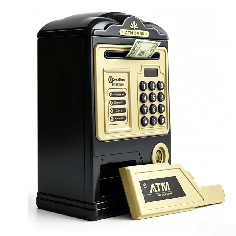 Vintage ATM Piggy Bank for Kids, Gold Electronic Password Safe Money Box, Auto Roll Euro Dollar Bill Saving Piggybank