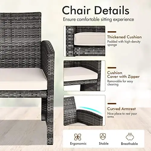 4-delige rotan terrasset, rieten buitenbank met kussens en glazen tafel (beige)