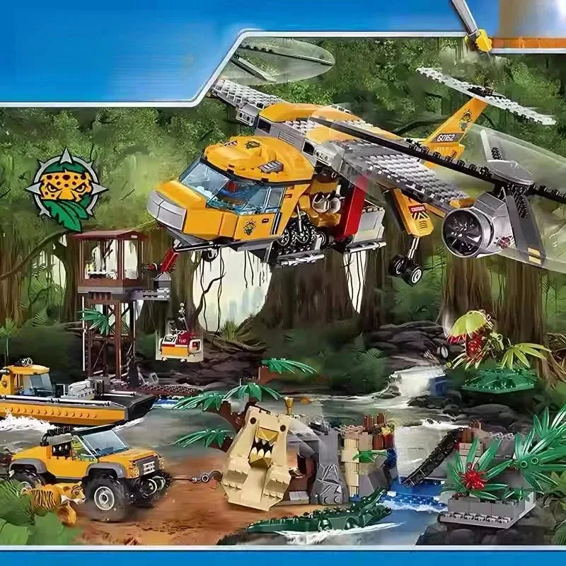 Compatible MOC Sets City Series 60162 Jungle Air Drop Helicopter Building Blocks Exploration Site Bricks Toys For Boys Kid Gifts