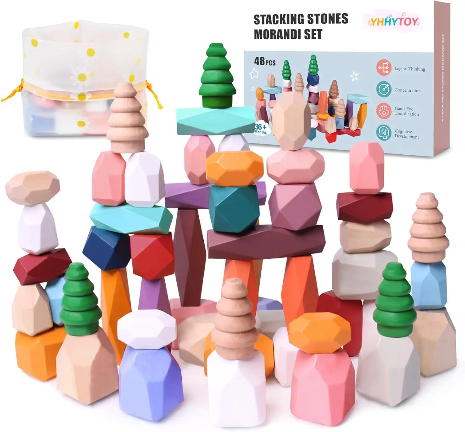 

48 PCS Wooden Stacking Rocks Building Blocks, Montessori Toys for Kids Ages 3+ Educational Balancing Game