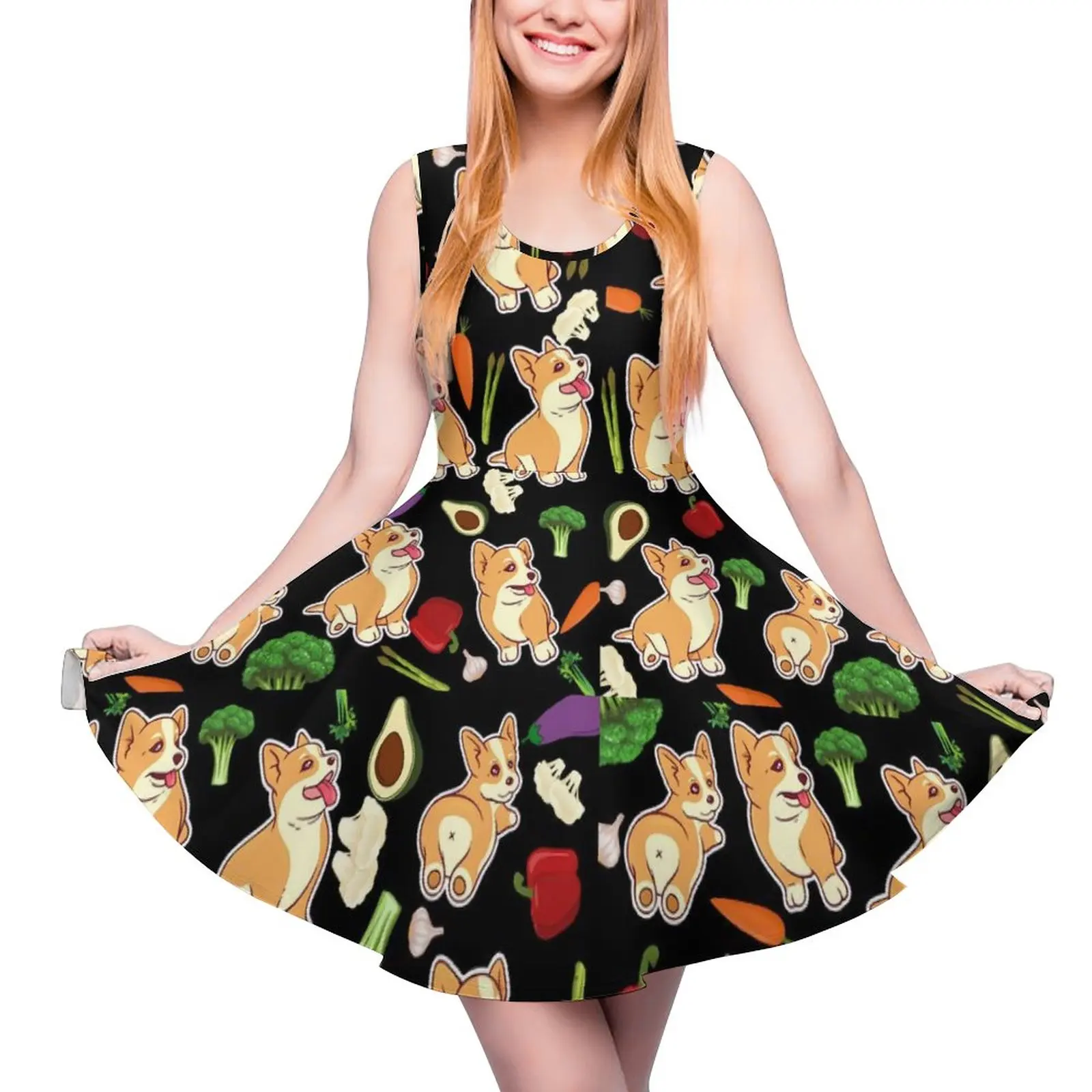 Cute Corgi Print Dress Vegetables Food Elegant Dresses High Waist Street Wear Oversized Skate Dress Womens Custom Vestido