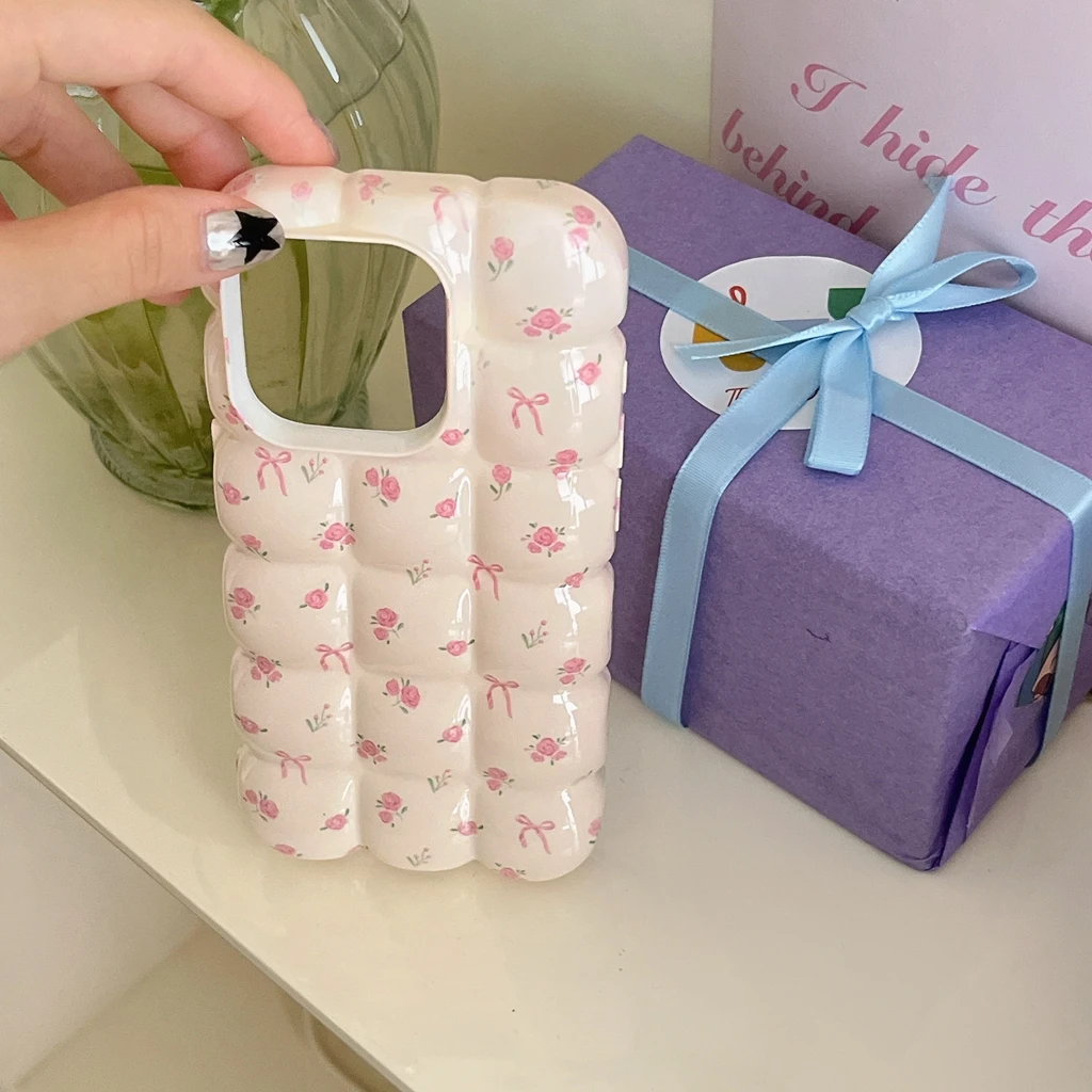 Ins Full Screen Pink Flower Bowknot Stereoscopic Lattice Shockproof Protective Cover Case for iPhone 16 15 14 13 12 11 Pro Max