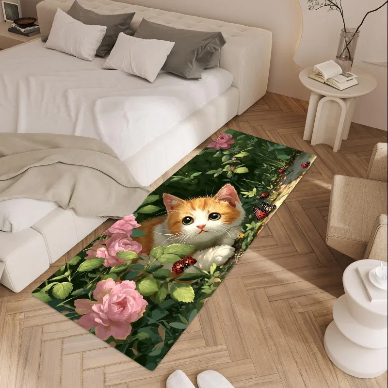 

Милый ковер с принтом котенка, мягкий ковер с розовыми цветами и зелеными листьями, божьи коровки, домашний декор для спальни, комнаты, нескользящий напольный коврик